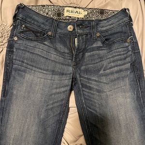 Ariat Women's REAL Britney Dark Wash Mid Rise Frayed Hem Boot Cut Jean